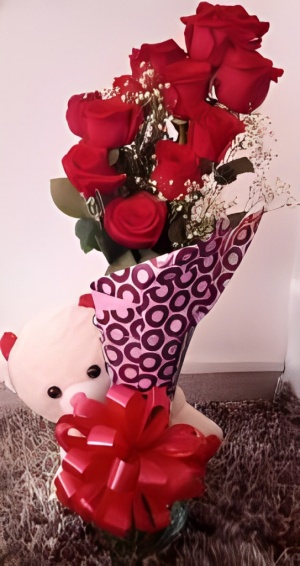 Florero peluche y 12 rosas R41